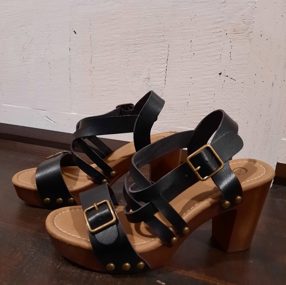 Black faux leather block heels